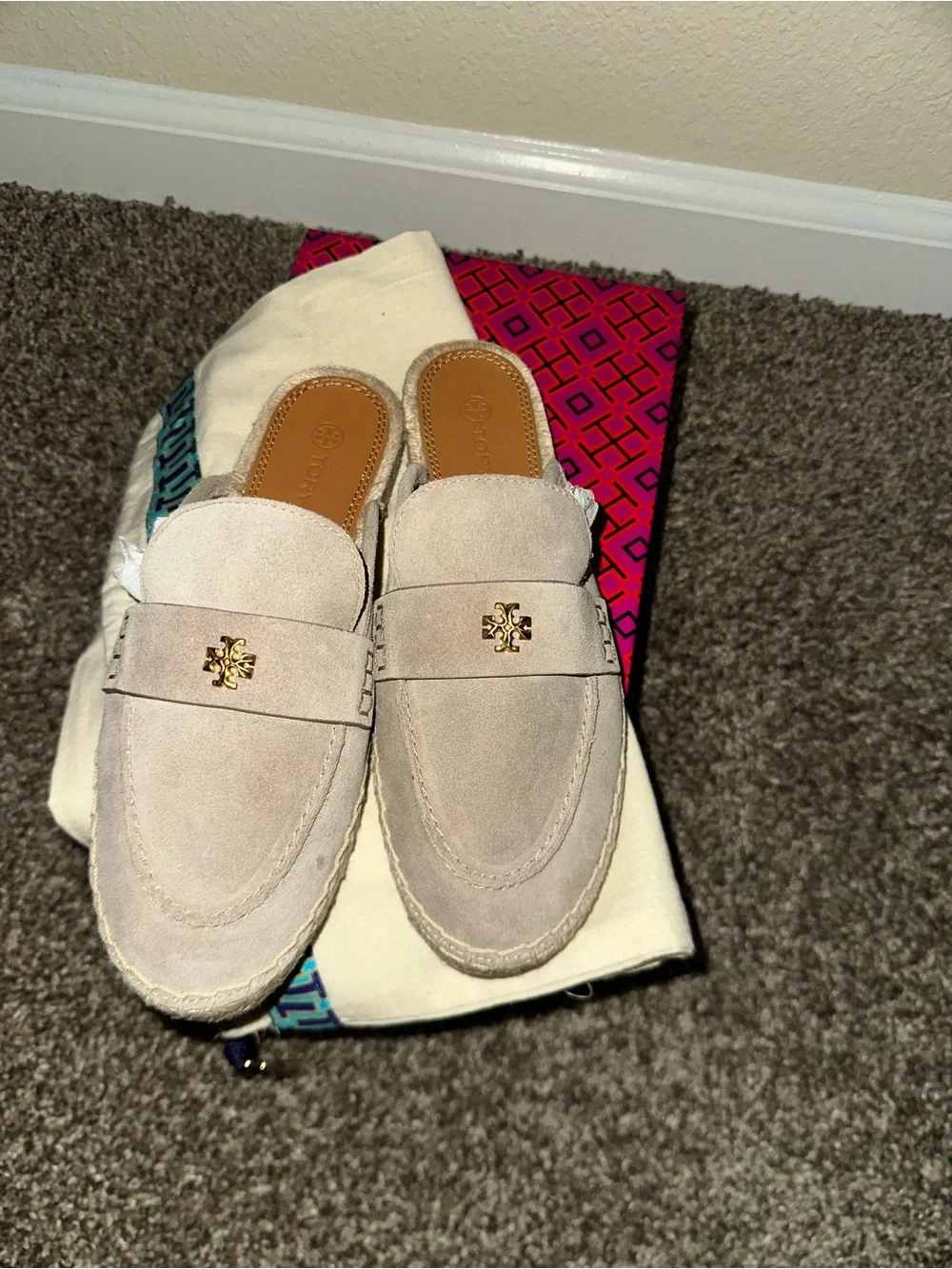 Tory Burch Light Taupe Suede Backless Loafers with Gold Logo